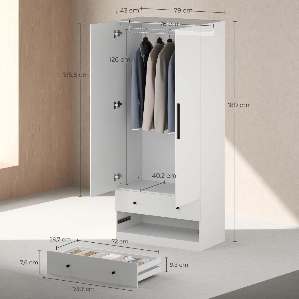 Armadio a 2 Ante con Appendiabiti e 2 Cassetti ¨C Zephmum ¨C Bianco MDF 120x200x50