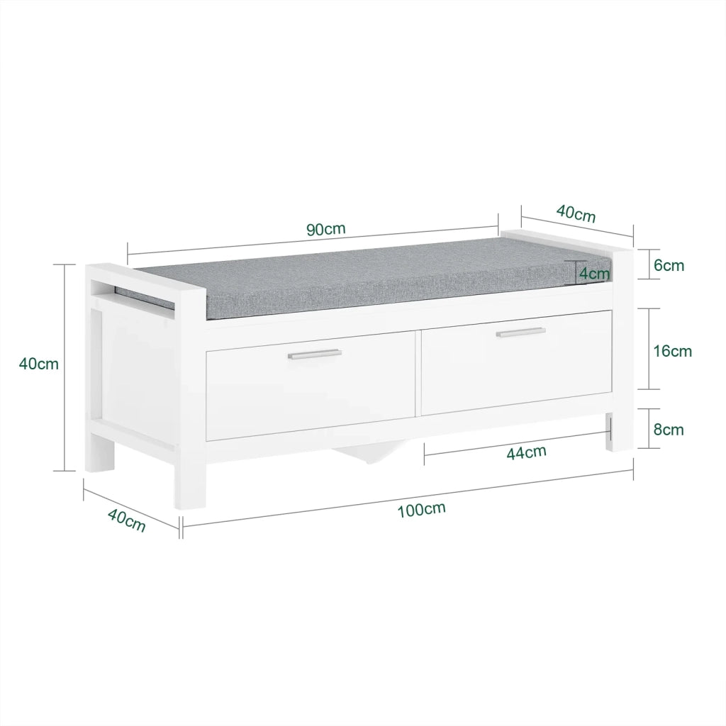Cassapanca Bianca Contenitore Panca camere da Letto Seduta con Cuscino 2 cassetti con Guide Bianco L100*P40*A40cm FSR74-W