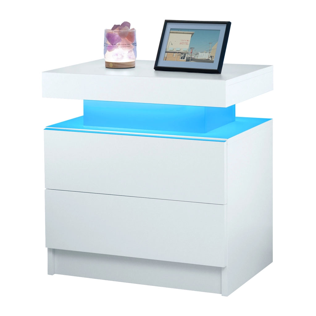 Comodino con 2 cassetti e LED regolabile per camera da letto e soggiorno; in legno ingegnerizzato; bianco