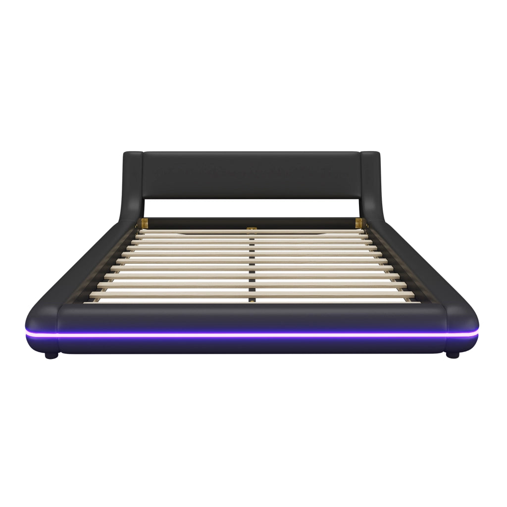 Letto basso matrimoniale 140×200 cm con LED regolabili; PU e MDF; senza materasso; nero per camera da letto