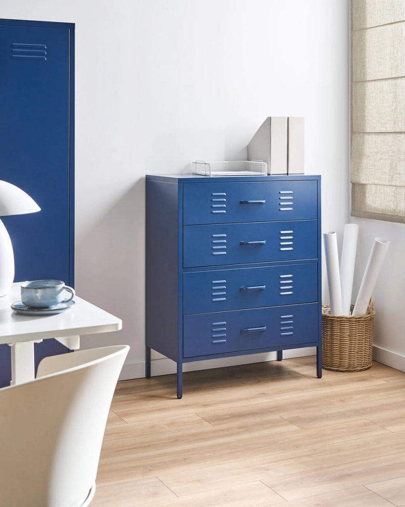 Armadio a 4 cassetti in metallo blu navy in acciaio stile industriale per il soggiorno dell'home office