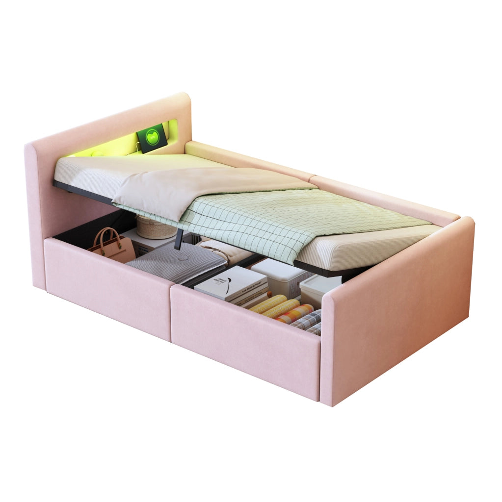 Letto imbottito per bambini 90x200 cm con LED; USB; contenitore idraulico; velluto rosa