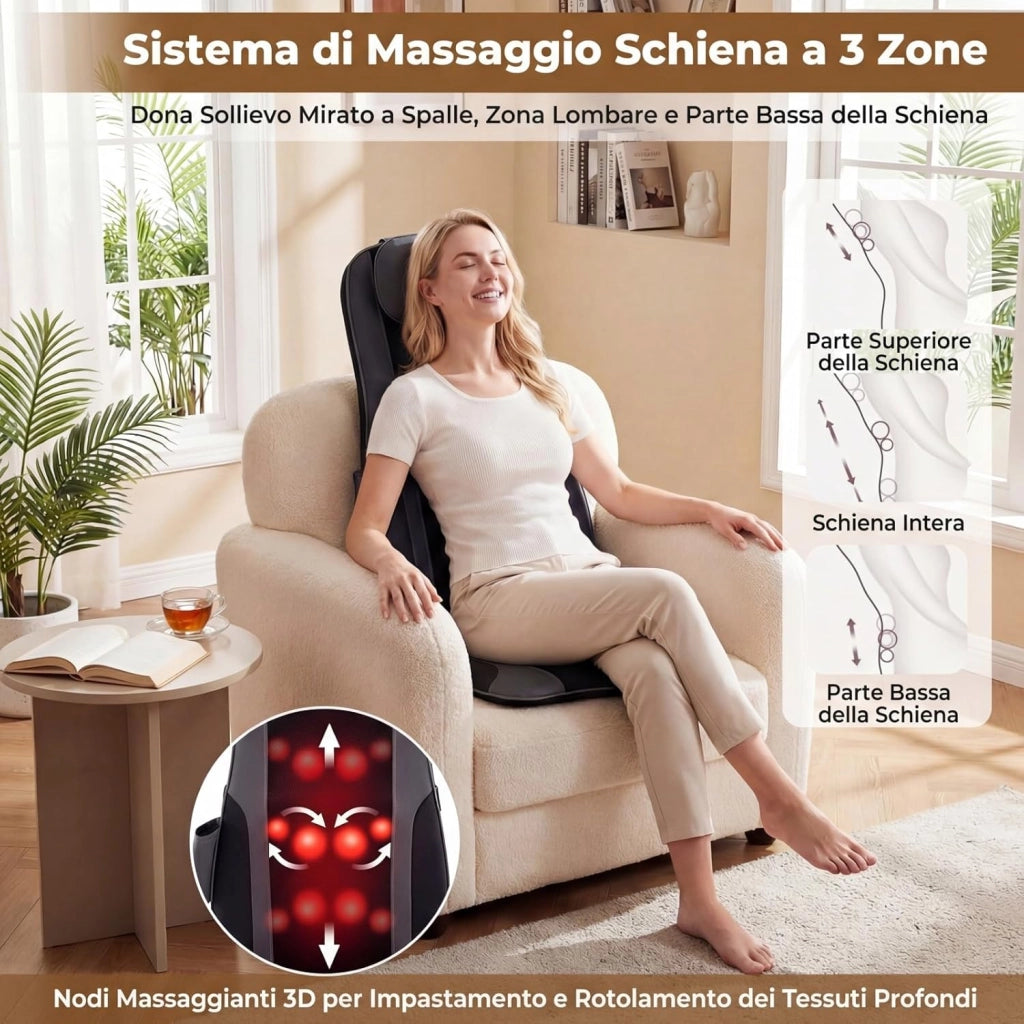 Sedile Massaggiatore per Schiena con Calore, Cuscino Massaggiante Shiatsu per Poltrona con 4 Nodi Impastanti a Rotazione e 2 Motori Vibranti, Massaggiatore 3D per Collo e Schiena