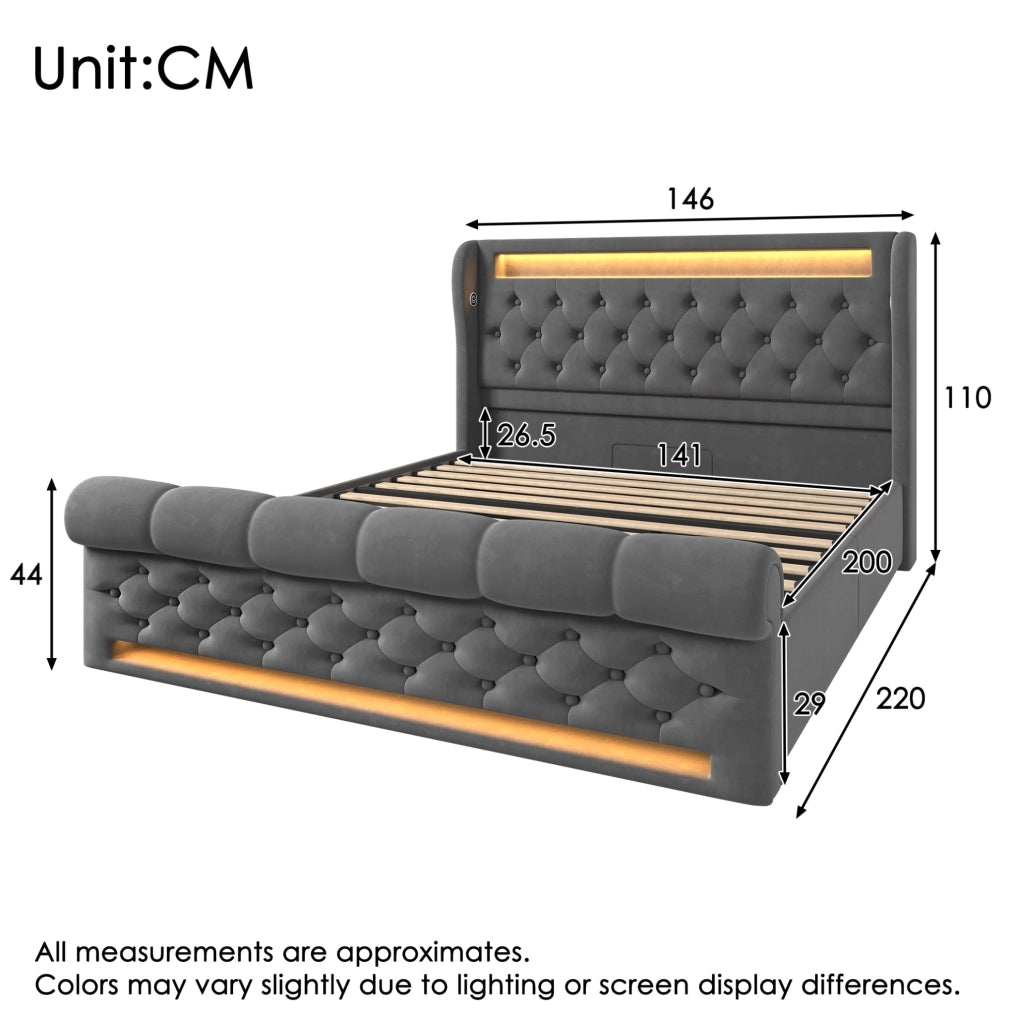Letto matrimoniale 140x200 cm in velluto grigio con LED; contenitore; USB e Type C; con materasso