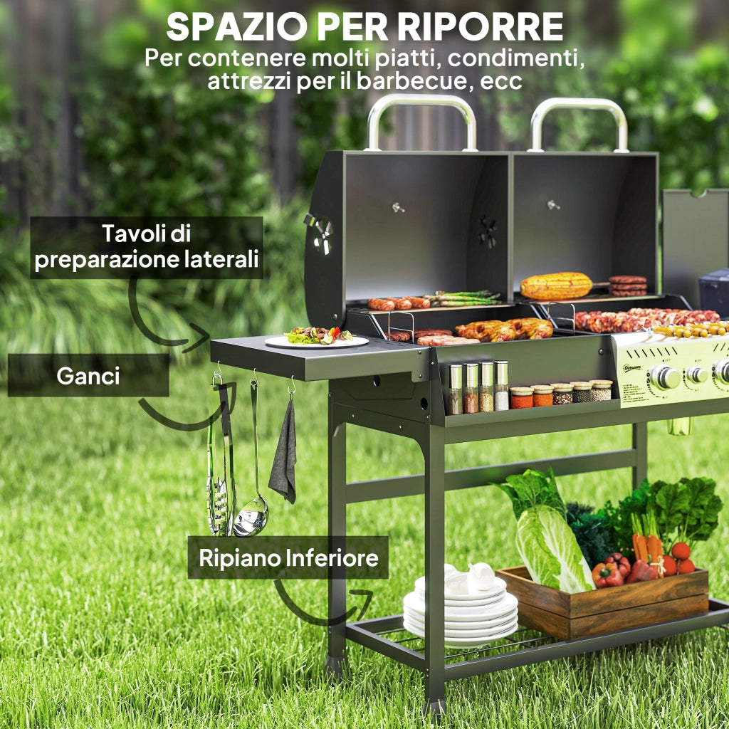 Barbecue a Carbone e Gas 3 Bruciatori ¨C Xylo ¨C con Coperchio, Termometro, Ruote e Ripiani, Nero