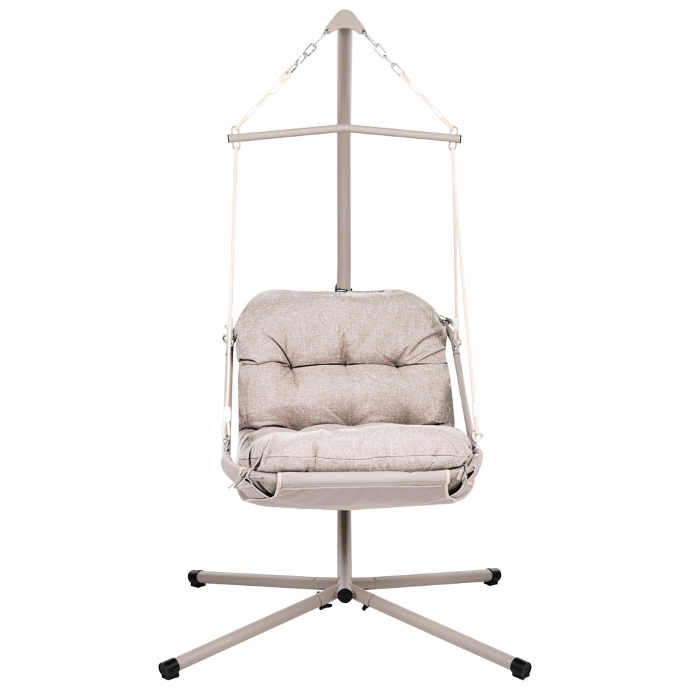 Sedia a dondolo sospesa moderna con supporto in acciaio verniciato a polvere, catena e morbido cuscino in olefina beige