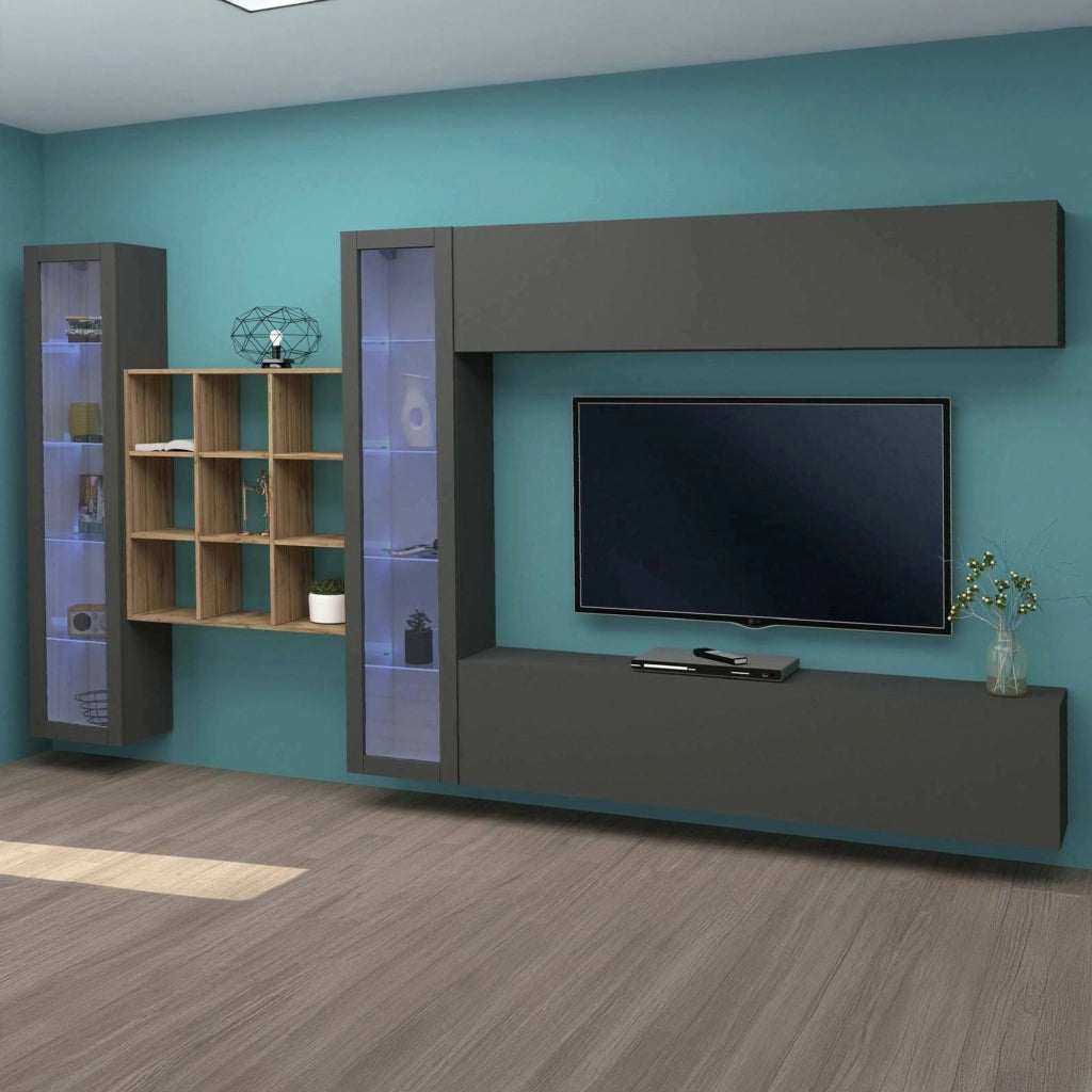 Mobile Soggiorno Avella, Parete Attrezzata 20 Ripiani Made in Italy, 350x30x180h cm Nero Antracite