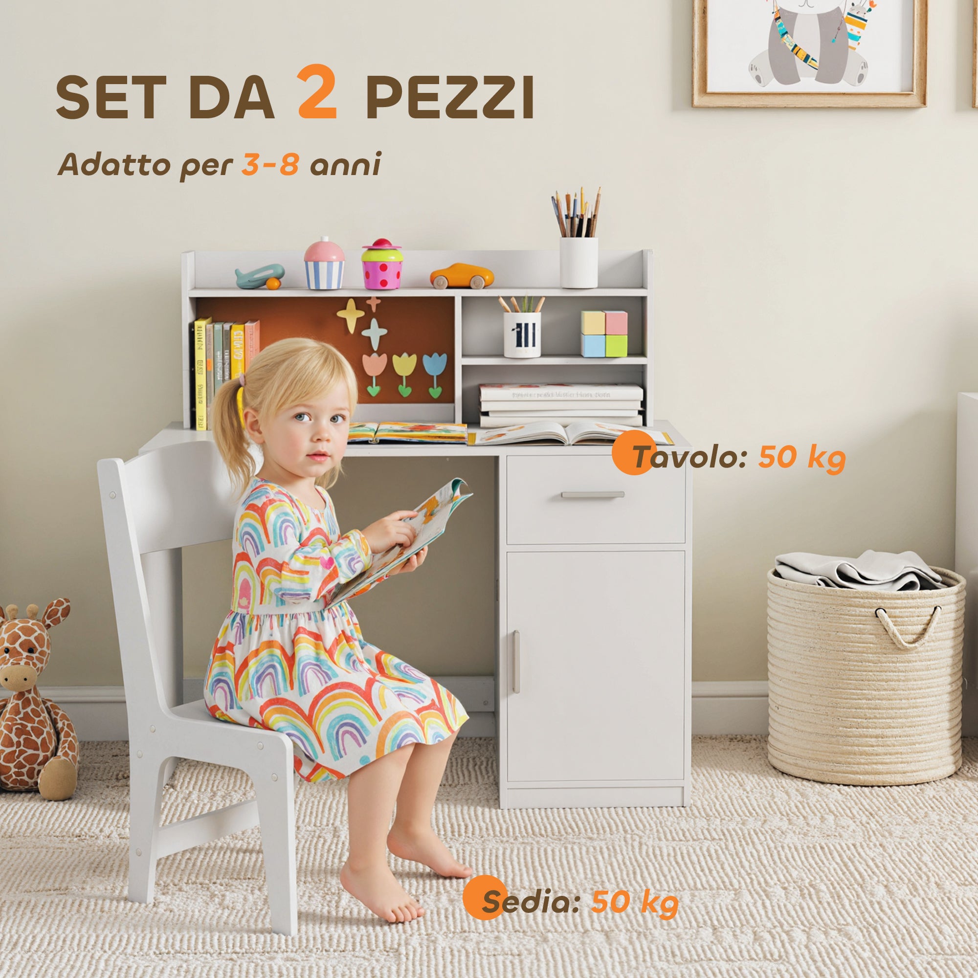 Set Scrivania e Sedia per Bambini con Scaffali Armadietto Cassetto in MDF Bianco