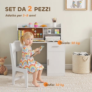 Set Scrivania e Sedia per Bambini con Scaffali Armadietto Cassetto in MDF Bianco