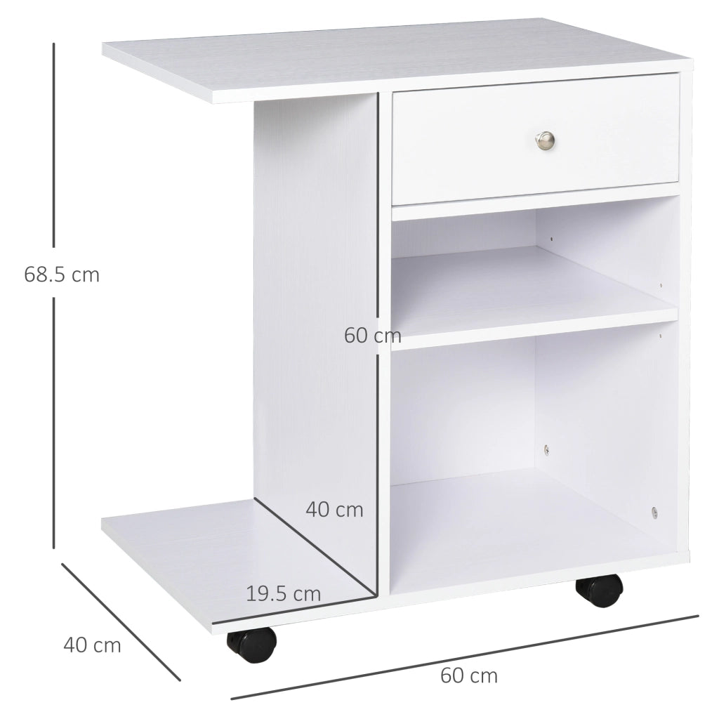 Mobiletto per Stampante in Legno con 4 Ruote, Mensola Regolabile e Piano per CPU, Bianco