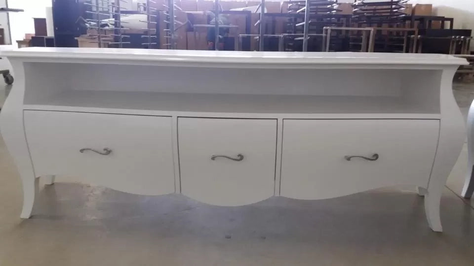 Mobile porta tv bombato legno shabby bianco 176x45x62 (3268) - Mobili 2G