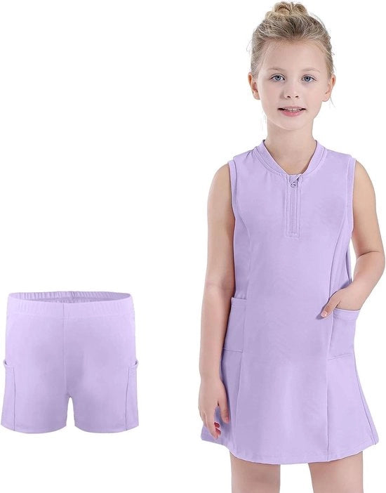 Tennisjurk per Bambina con Tasche e Pantaloncino Corto - Linea A - Blu Scuro 150 - Gonna Atletica per Allenamento