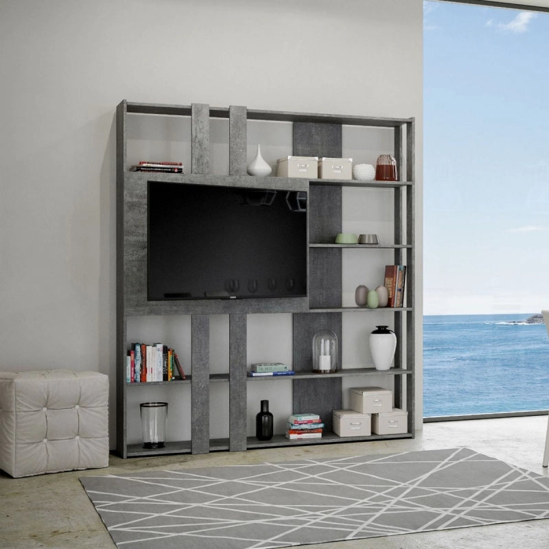 Composizione Libreria Kato 6R 2 fianchi 2 fasce lunghe 2 fasce corte 2 fasce medie pannello TV - Cemento,L