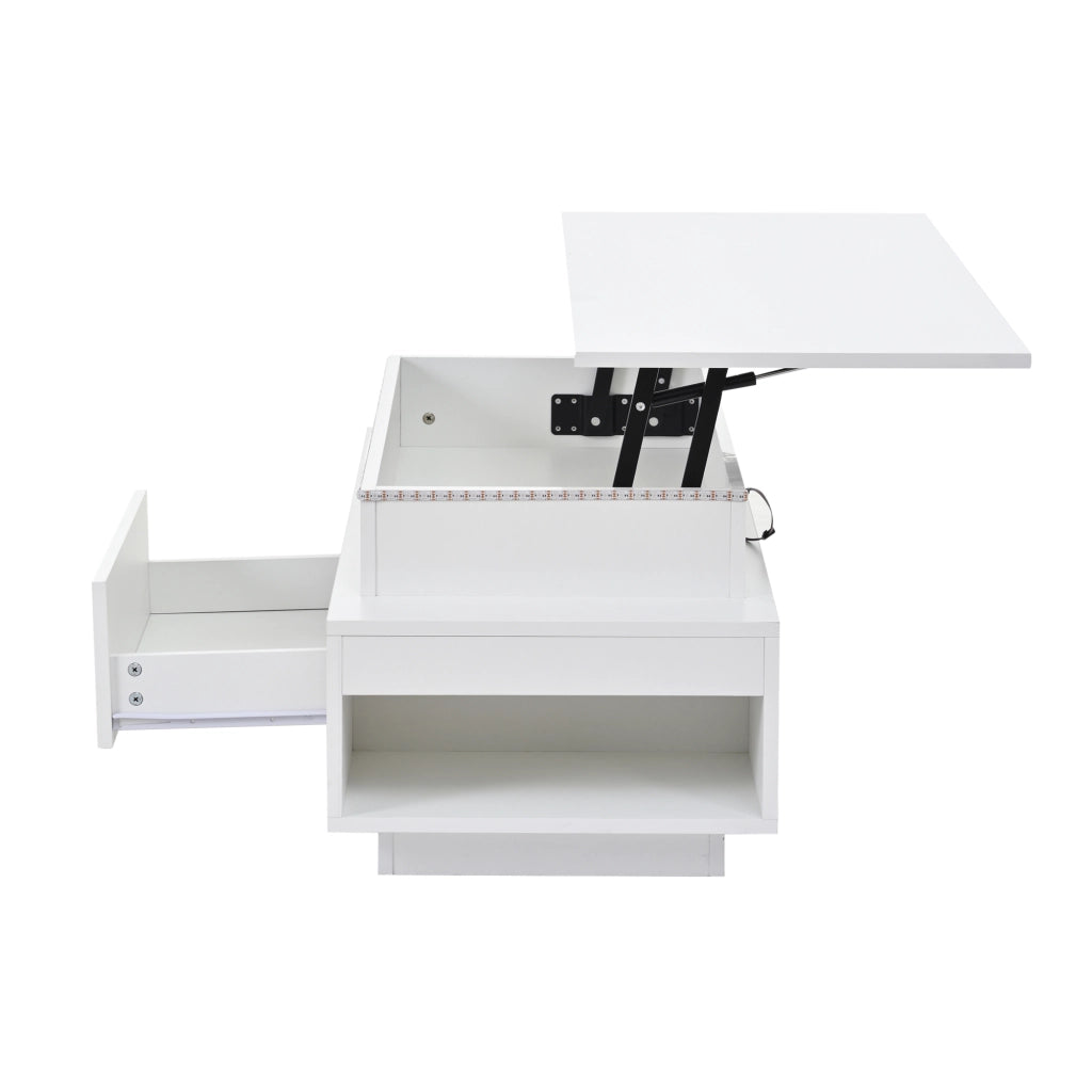Tavolino da salotto 96x45x40 cm; sollevabile con vano contenitore e cassetto; truciolare bianco
