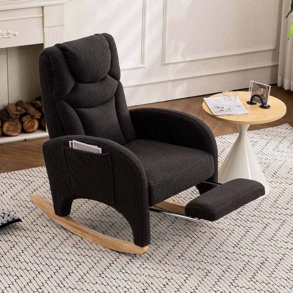 Poltrona a dondolo con poggiapiedi pieghevole e schienale ergonomico in tessuto teddy grigio scuro 110 kg