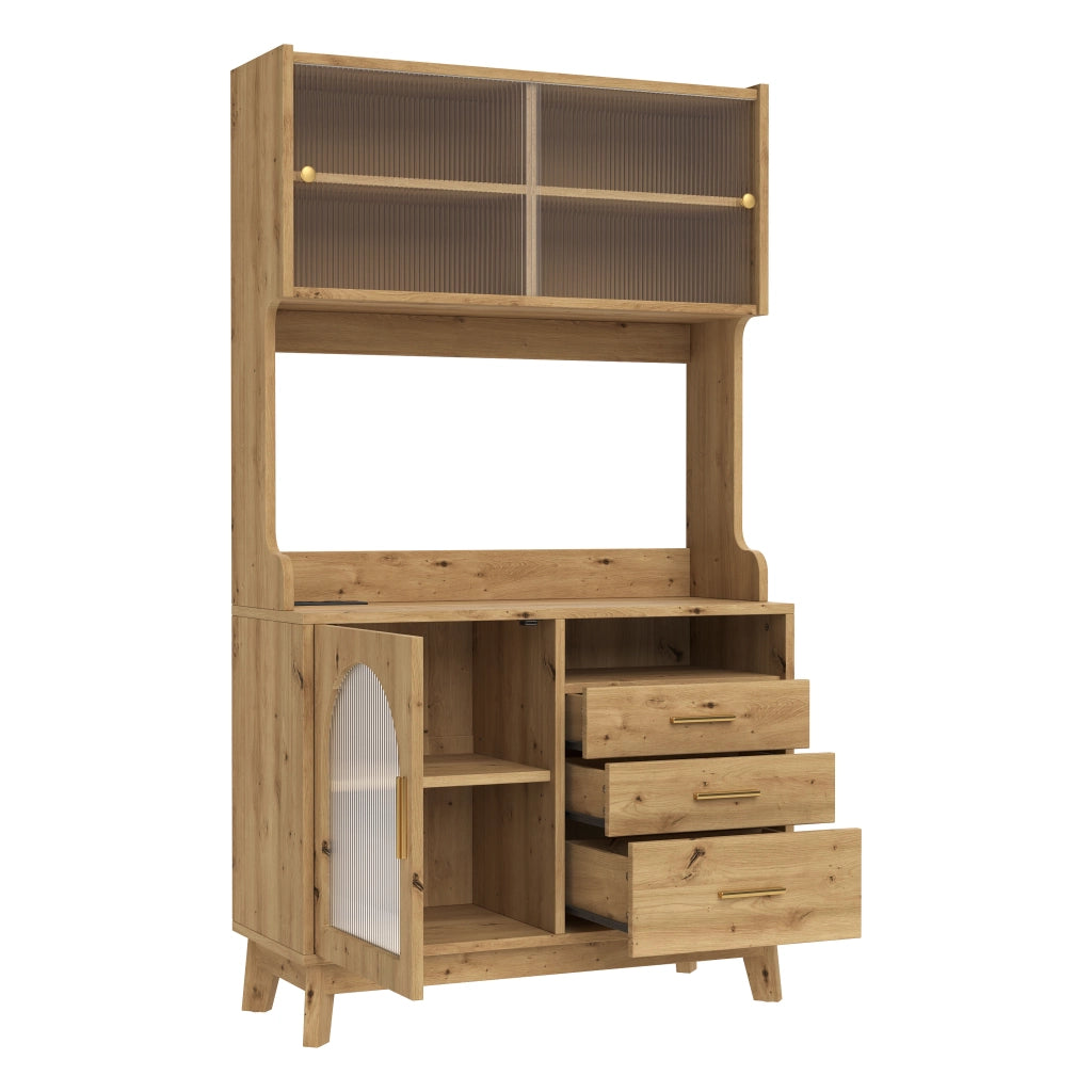 Credenza alta da soggiorno con ampia capacità, prese integrate e frontale in acrilico effetto onda, 100,5×40×178 cm, colore legno