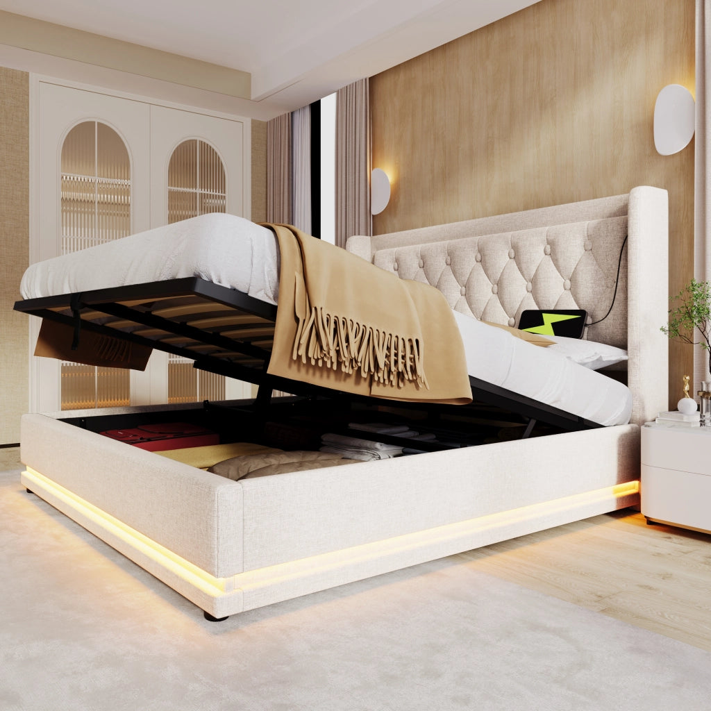 LETTO matrimoniale 160x200 cm beige in cotone con LED, USB e testiera capitonné