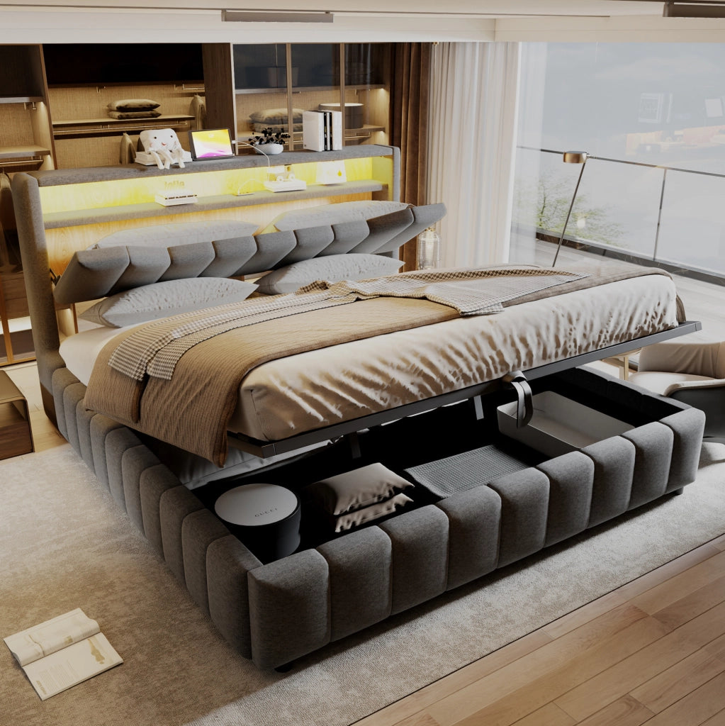 Letto matrimoniale imbottito 180x200 cm con contenitore, LED e USB