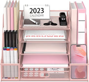 Bureaustazione con contenitore per cartelle, 5 livelli di organizzatore di carta con cassetta, organizzatore di rete per ufficio con contenitore per riviste per organizzatore di ufficio - rosa