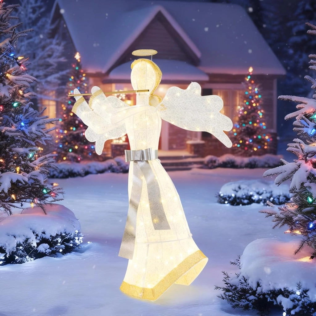 Angelo di Natale per esterni, 157 cm, decorazione natalizia illuminata, grande angelo con albero di Natale, stile abito, 150 luci LED, decorazione natalizia, statuetta di Natale XL