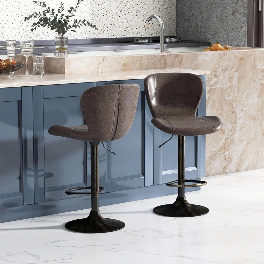 Set di 2 sgabelli da bar regolabili in altezza, 61-81 cm, girevole a 360°, con poggiapiedi, sgabello girevole con schienale, sgabello da cucina, stile vintage, in poliuretano, portata 150 kg