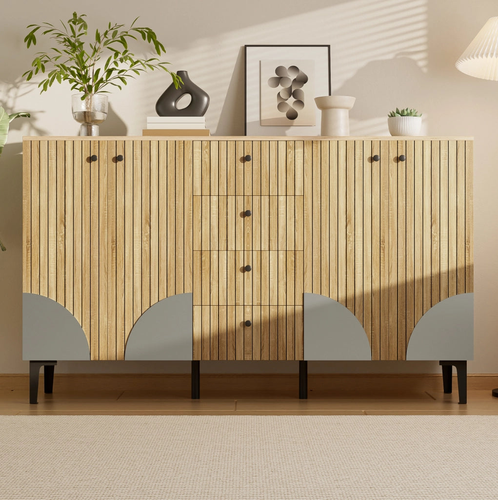 Credenza 160x36x94 cm con 4 ante e 4 cassetti in pannello di particelle naturale