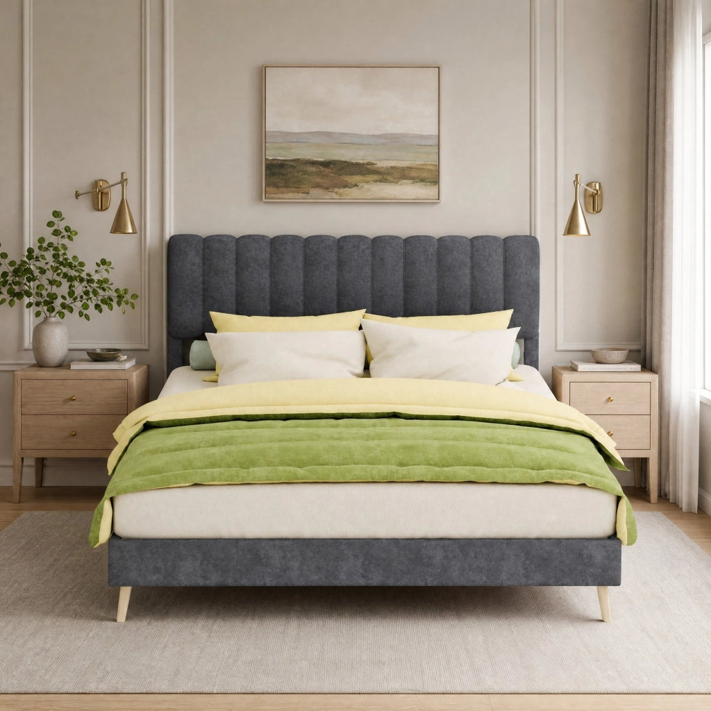 Letto imbottito 160x200 cm in velluto olandese grigio con struttura in metallo