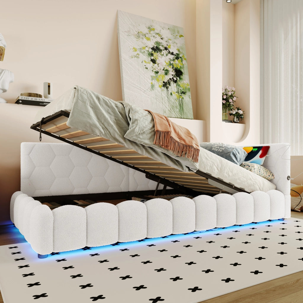 Letto singolo 90x200 cm con contenitore, LED, USB e Type-C