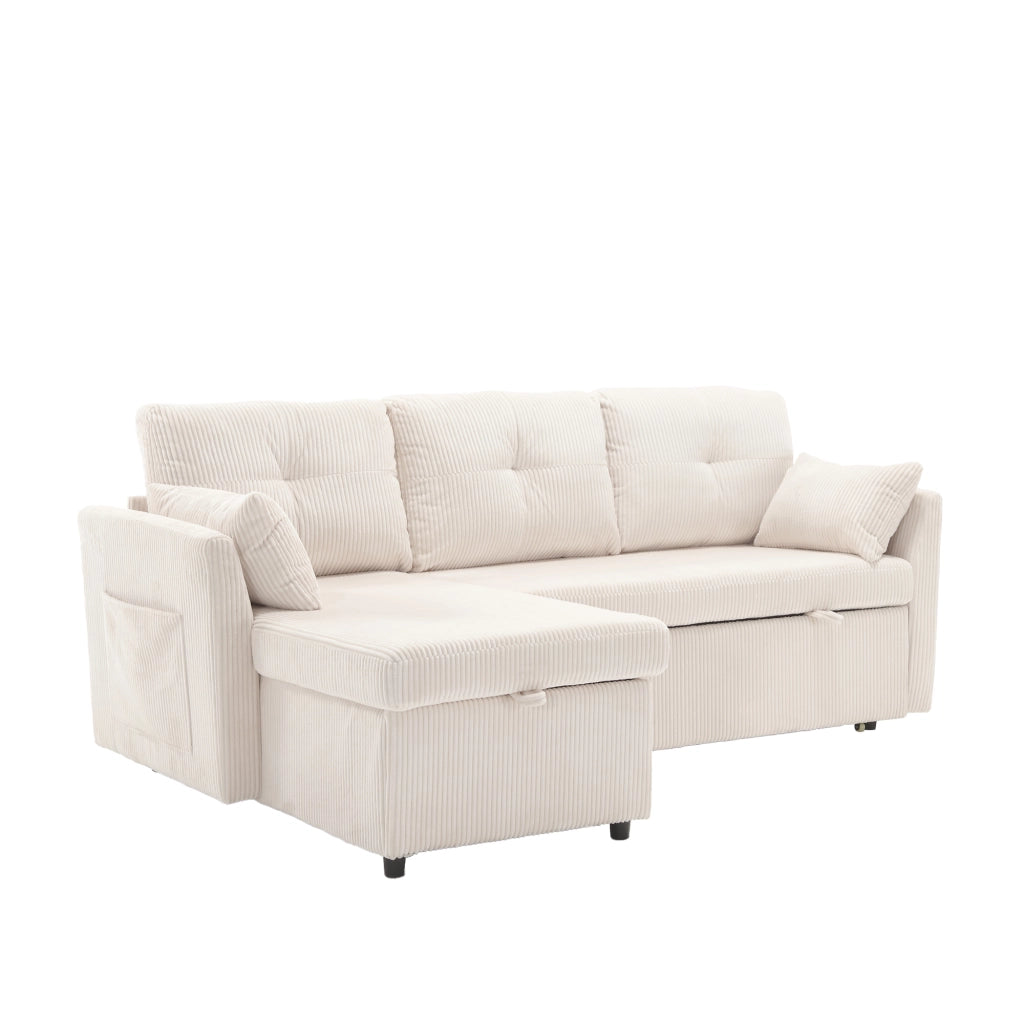 Divano letto modulare con vano contenitore e chaise longue reversibile in tessuto a coste beige