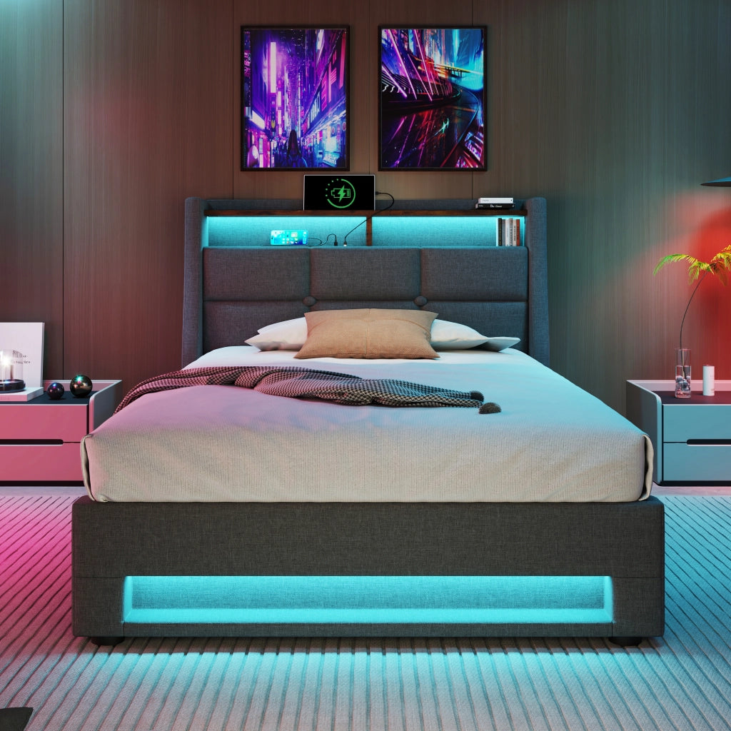 Letti contenitori 90x200 cm con LED e USB; lino grigio (Senza materasso)