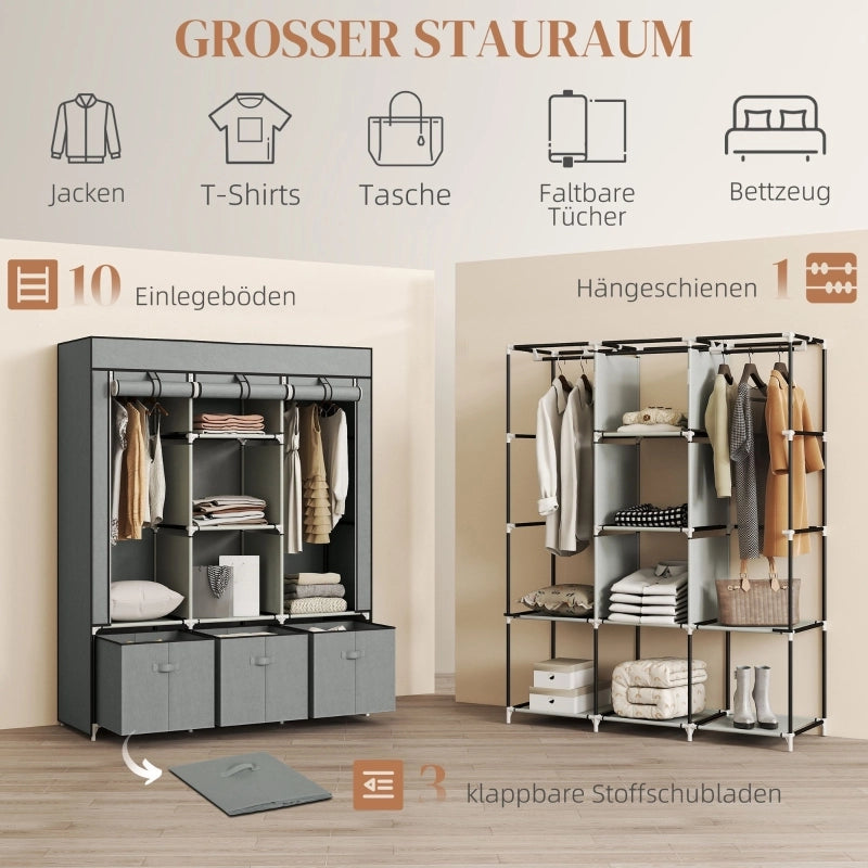 Armadio in tessuto con 2 barre appendiabiti, 5 ripiani e 3 cassetti, grigio chiaro, 125 × 43 × 162,5 cm