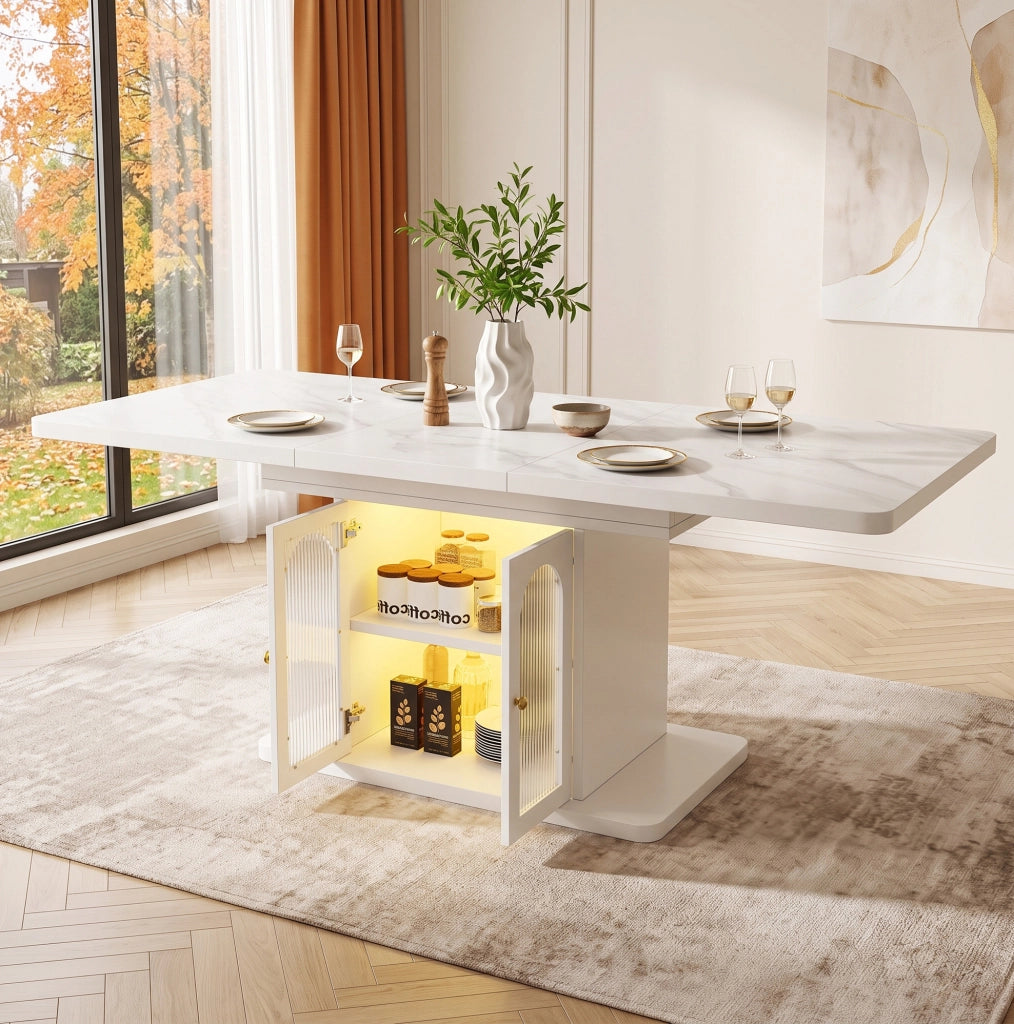 Tavolo da pranzo allungabile 150/200 x 80 cm con contenitore e LED; MDF bianco