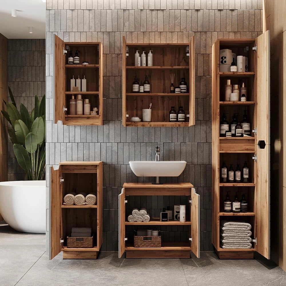 Set di mobili da bagno Lotta, Rovere/grigio con struttura in piastrelle, 4 parti