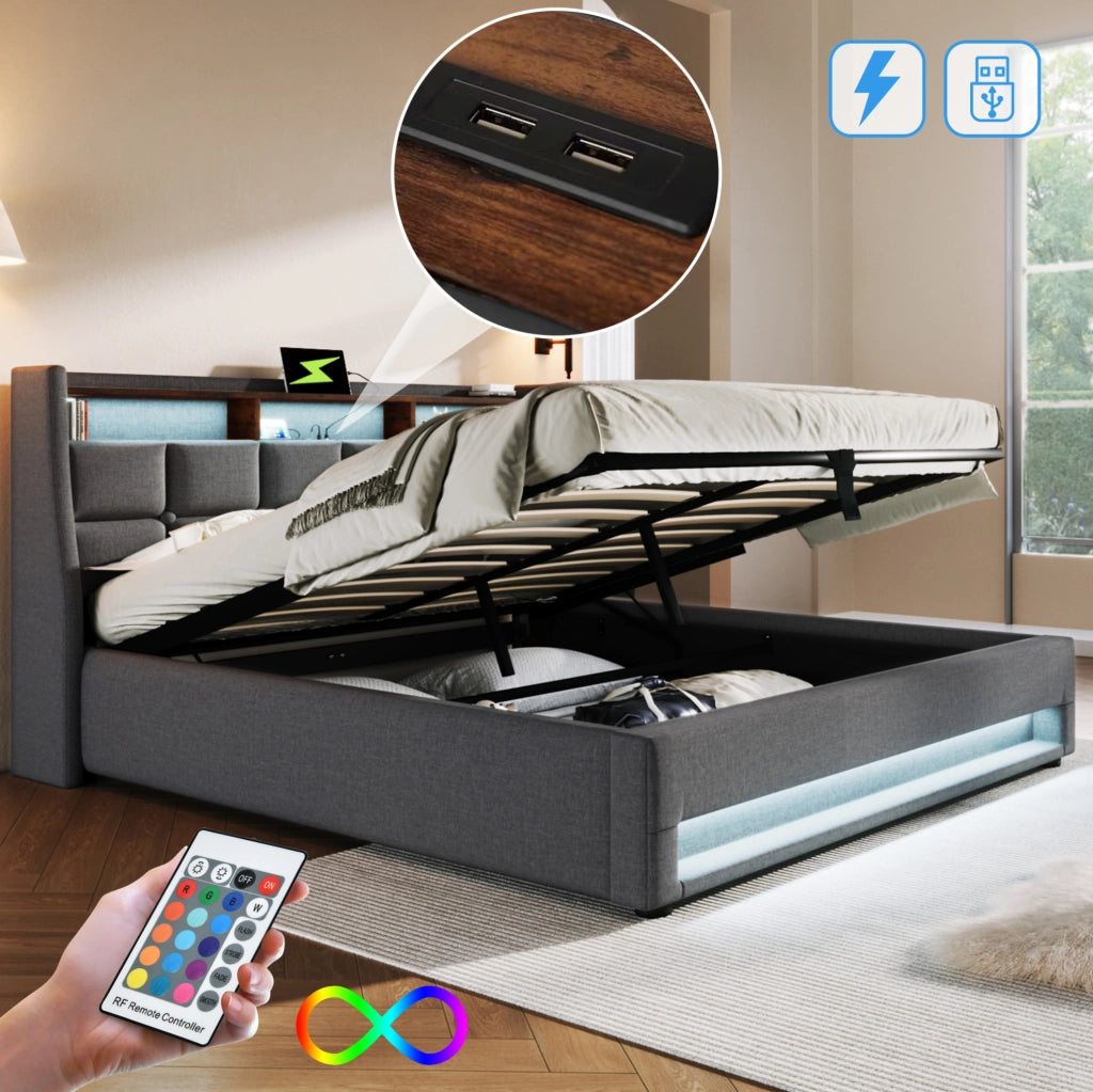 Letto imbottito 160x200 cm con LED, USB e contenitore, grigio