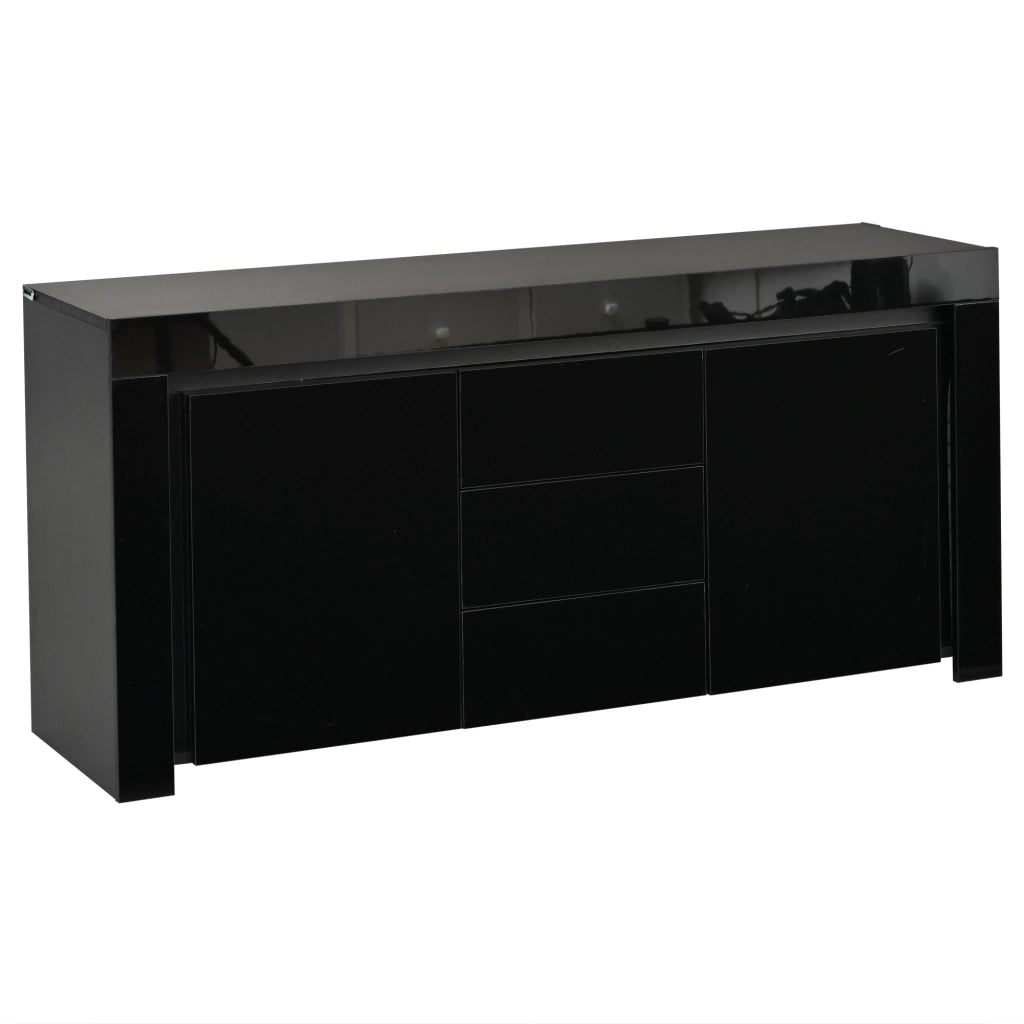 Credenza con 2 ante e 3 cassetti; LED e piano lucido - per soggiorno - 140 x 40 x 65 cm - nera