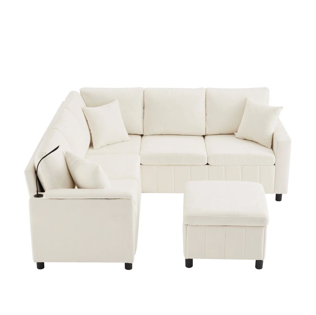 Divano angolare letto in ciniglia con pouf contenitore; USB e Type-C; beige