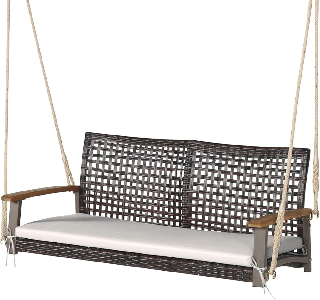 Altalena da Esterno 2 Posti in Rattan PE, Dondolo Sospeso con Cuscini e Braccioli in Legno di Acacia, Carico 360 kg, 131 X 68 X 54 CM, Panca Sospesa per Giardino, Balcone, Terrazza (Nero)