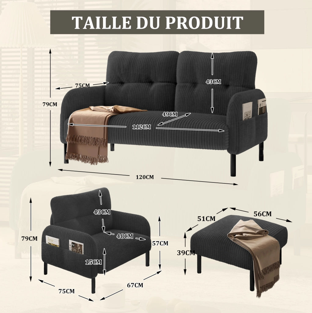 Set divano; poltrona e pouf modulare in corduroy grigio