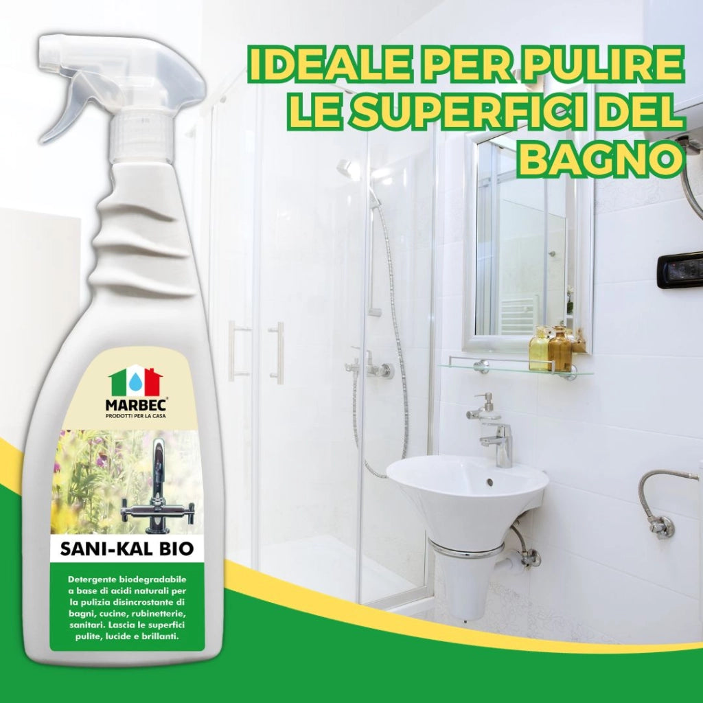 Detergente anticalcare delicato, pulizia efficace e brillantezza duratura Marbec SANI-KAL BIO - 750MLx6Pz