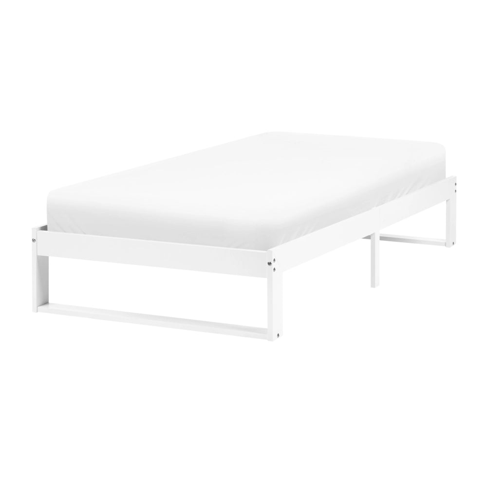 Letto singolo bianco in legno di pino 90 x 200 cm con 3 gambe, senza testiera, stile minimalista