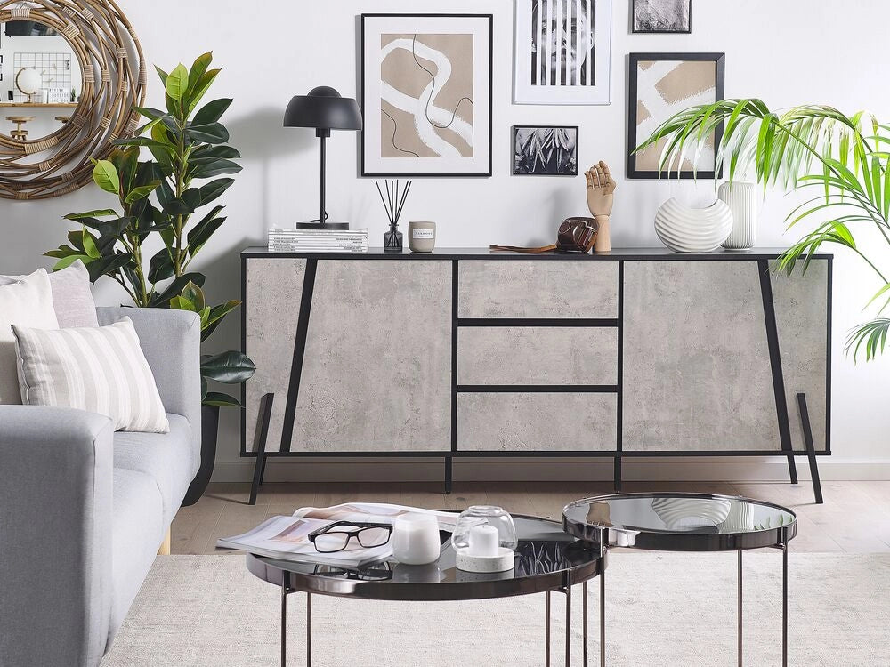 Madia credenza Effetto Cemento con Gambe in Metallo Nero 2 Armadi 3 Cassetti Design Industriale