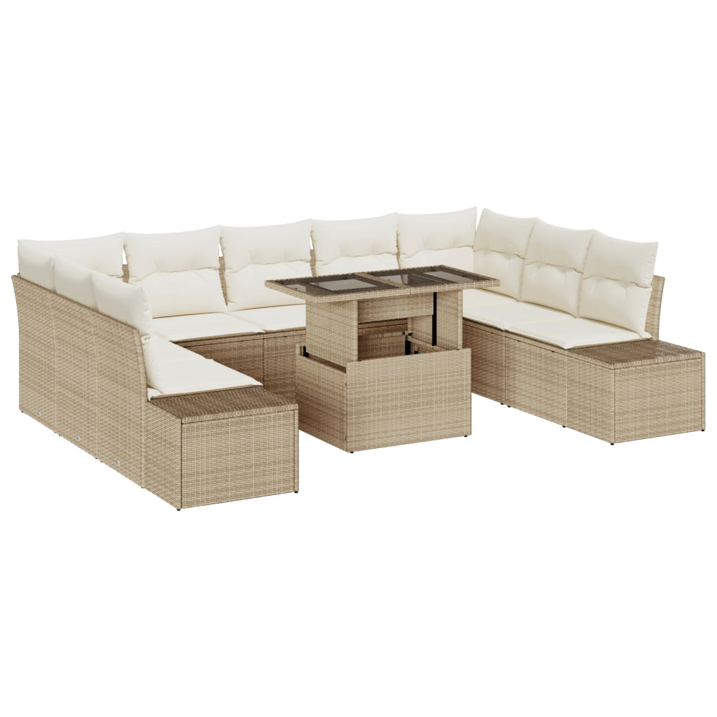 Set di divano da giardino in 10 pezzi con cuscini beige in polirattan