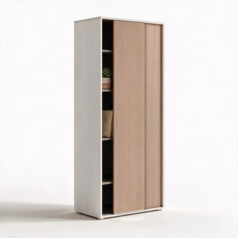Armadio due ante scorrevoli 90x43x212h con ripiani colore bianco frassinato e olmo