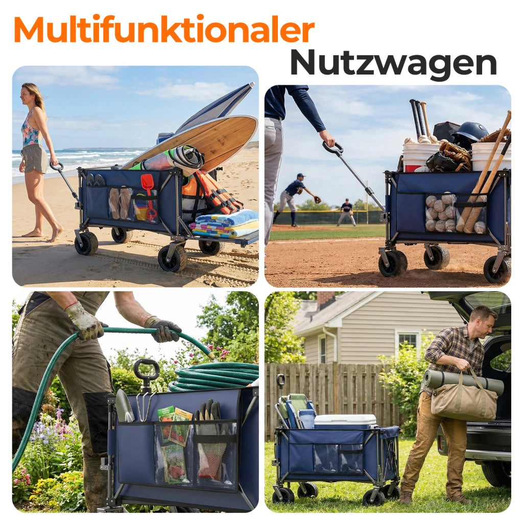 Carrello pieghevole 140 cm con sponda estensibile, ruote all-terrain e portabicchieri blu grigio