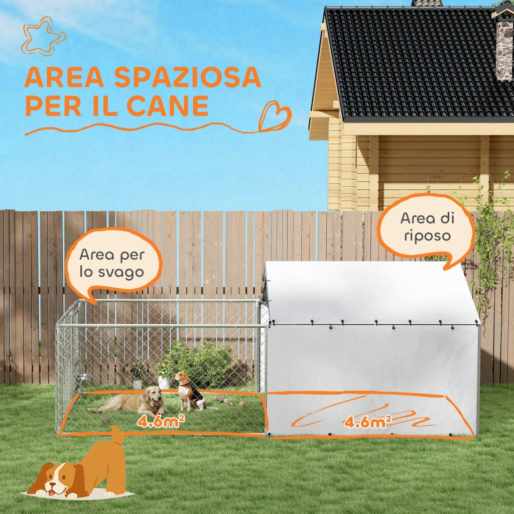 Recinto per Cani con Copertura ¨C Xylo ¨C Acciaio e Tessuto Oxford, 4x2.3x1.5m, Argento