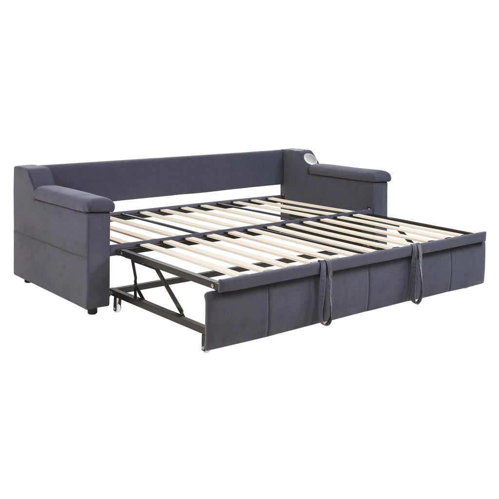 Letto Imbottito con Rete a Doghe ¨C MINIMAL ¨C Velluto Grigio, Bluetooth, USB, 90x190 / 180x190