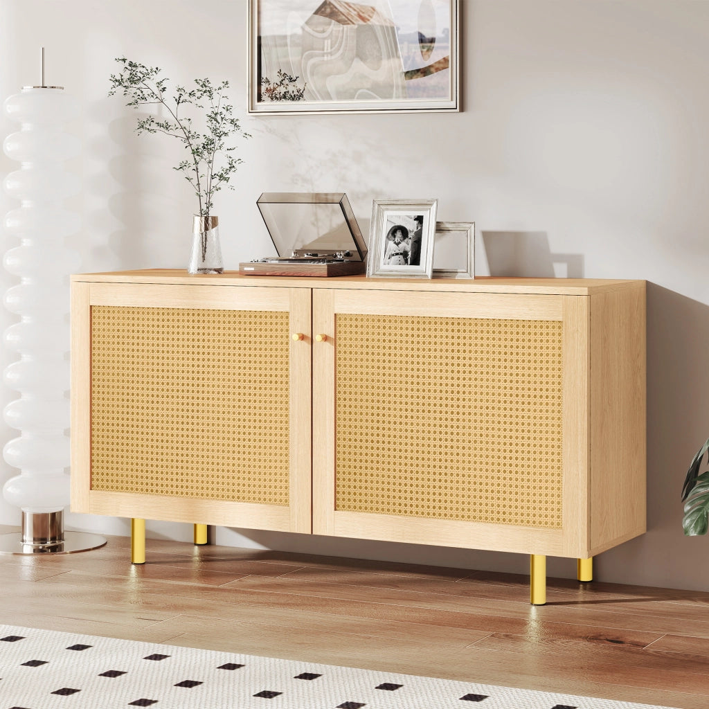 Mobile contenitore a 2 ante con ante in rattan intrecciato, struttura in MDF e piedini in metallo, finitura naturale 120×40×63 cm