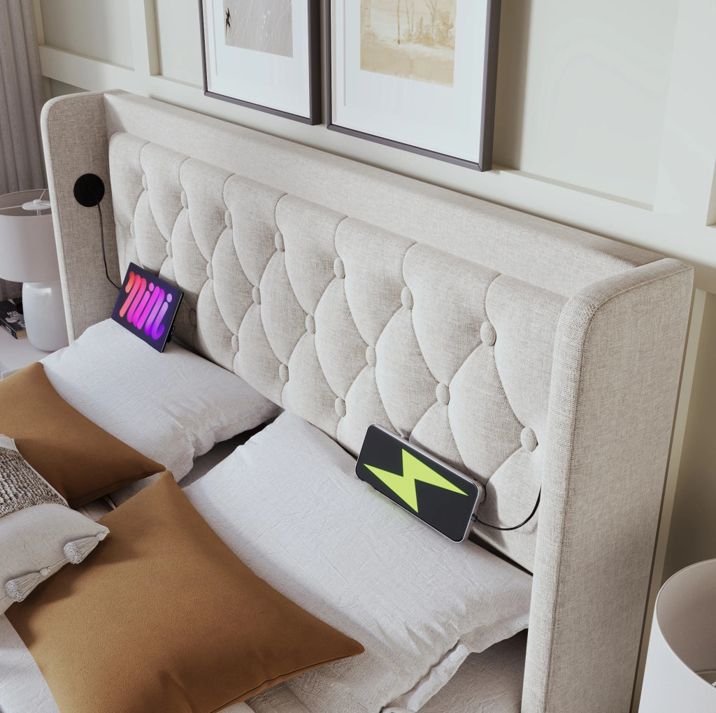 Letto matrimoniale 180x200 cm con contenitore; testiera trapuntata beige in cotone; USB e LED