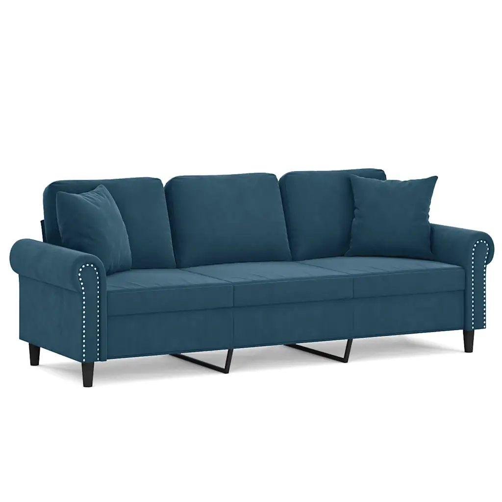 Divano a 3 Posti con Cuscini Blu 180 cm in Velluto
