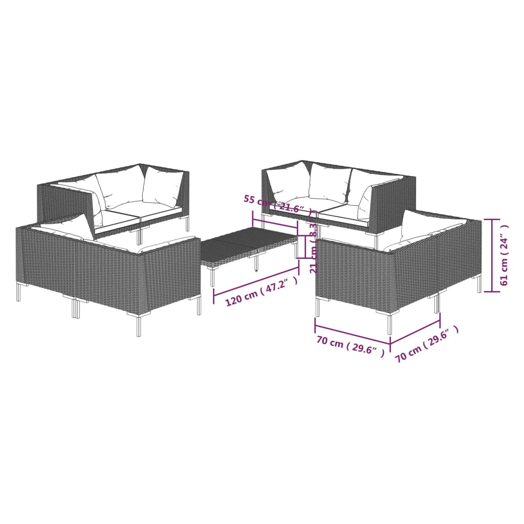 Set Divani Giardino 9 pz con Cuscini in Polyrattan Grigio Scuro cod mxl 34825